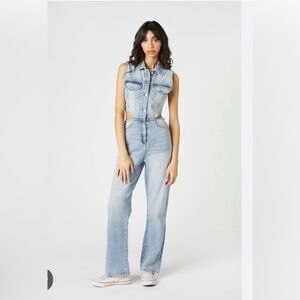Brand New Forever 21 Light Blue Denim Jumpsuit with Cut Outs